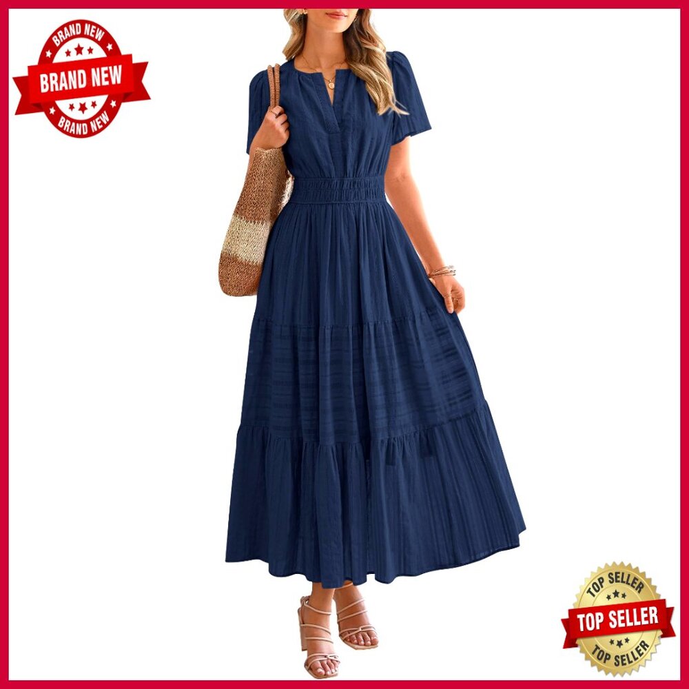 Boho Maxi Dress Lightweight Tiered Ruffle V Neck Elastic Waist Pockets